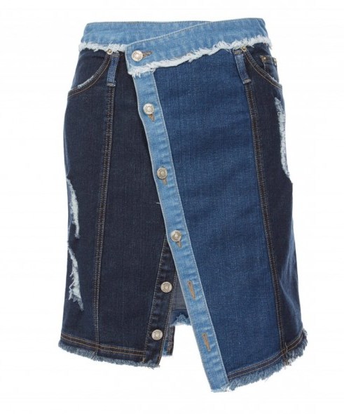 SJYP BUTTON WRAP DENIM MINI SKIRT. Blue denim skirts | asymmetric front and hem | patchwork fashion - flipped