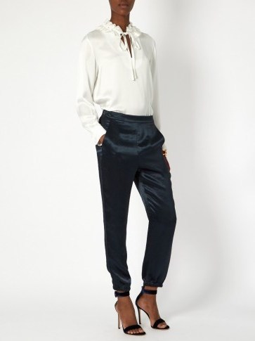 SONIA RYKIEL Slim-leg satin trousers ~ teal-navy cuffed pants ~ luxury bottoms ~ slim fit ~ luxe designer fashion ~ effortless style clothing - flipped