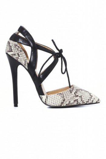 AX Paris snake pointy lace up heels in beige snake print – pointed toe high heel pumps – front tie up – stiletto shoes – glamorous animal prints - flipped