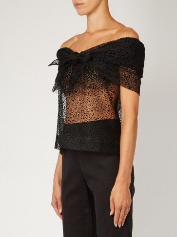 ISA ARFEN Spray-flock tulle knot-front top ~ semi sheer black tops ~ dressy ~ off the shoulder ~ bardot ~ ultra feminine ~ chic fashion ~ special occasion - flipped