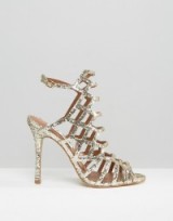 Luxe style evening shoes Steve Madden Slithur Gold Glitter Caged Heeled Sandals ~ luxury looking high heels ~ glamorous footwear ~ occasion glamour