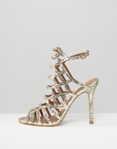 Luxe style evening shoes Steve Madden Slithur Gold Glitter Caged Heeled Sandals ~ luxury looking high heels ~ glamorous footwear ~ occasion glamour - flipped