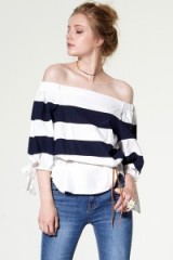 Nadia Off-the-Shoulder Top in navy stripe ~ striped bardot tops