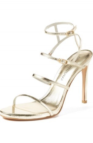 Stuart Weitzman Courtesan Sandal, metallic high heels, glamorous strappy style shoes, evening glamour, party feet, ankle strap sandals, going out ankle straps - flipped