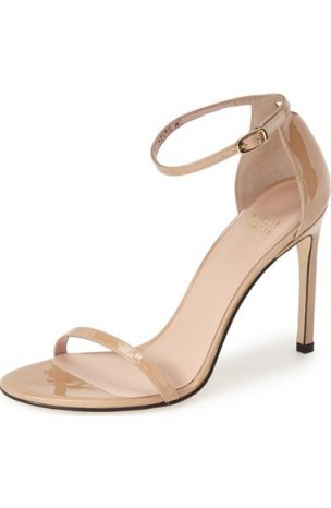 Stuart Weitzman Nudistsong Ankle Strap Sandal, barely there high heels, nude tone shoes, patent leather, glamorous ankle straps, ankle strap glamour - flipped