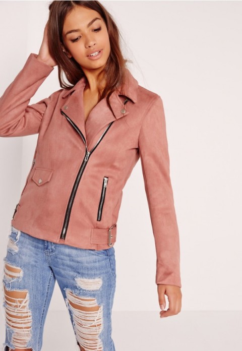missguided suedette bonded biker jacket pink ~ faux suede jackets ~ affordable luxe