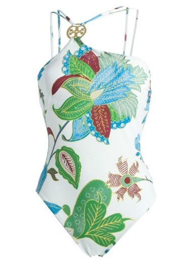 TORY BURCH floral print swimsuit. Designer swimwear ~ chic pool fashion ~ stylish poolside one piece ~ holiday accessories ~ strappy swimsuits - flipped