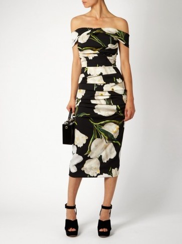 DOLCE & GABBANA Tulip-print off-the-shoulder dress ~ flower printed fashion ~ bold floral prints ~ occasion fashion - flipped