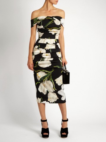 DOLCE & GABBANA Tulip-print off-the-shoulder dress ~ bardot floral printed dresses ~ designer fashion ~ chic style