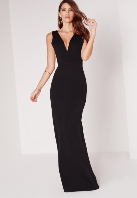Missguided v plunge maxi dress black. Long plunging dresses | evening glamour | glamorous occasion wear | deep V front neckline | low cut necklines - flipped