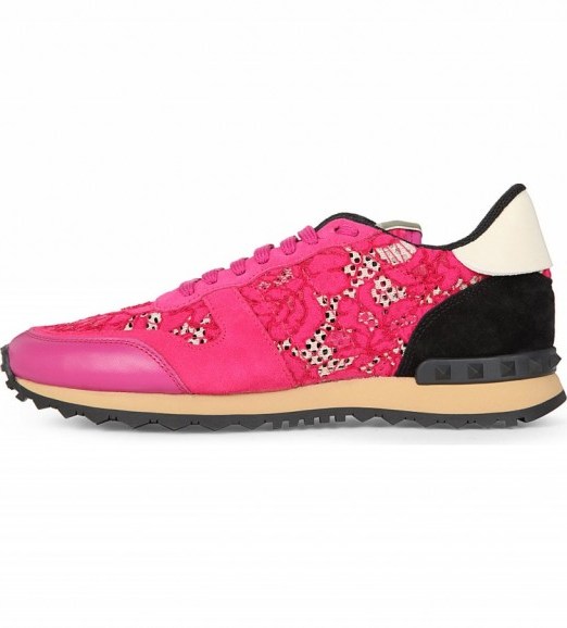 VALENTINO Floral-lace studded trainers Fuschia ~ sports luxe ~ hot pink sneakers - flipped