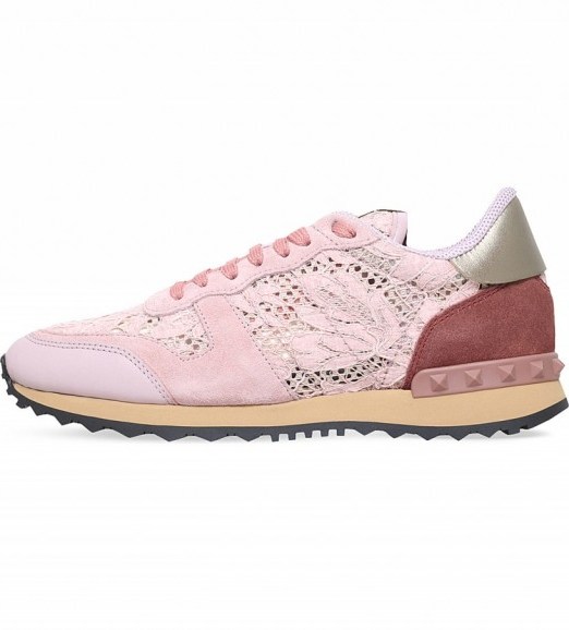 VALENTINO Lace-detail suede and leather trainers in pale pink. Sports luxe | casual flat shoes | designer sneakers | weekend flats - flipped