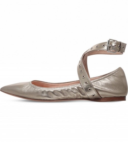 VALENTINO Lovelatch metallic-leather ballet flats. Ankle strap flat shoes | chic balletrina | cross front strap | luxe accessories - flipped