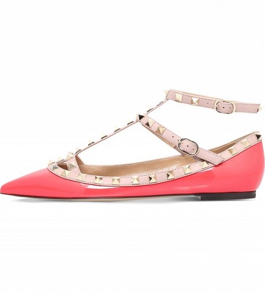 VALENTINO Rockstud patent-leather ballerina flats in Fushia. Pink studded flat shoes | designer footwear | chic accessories - flipped