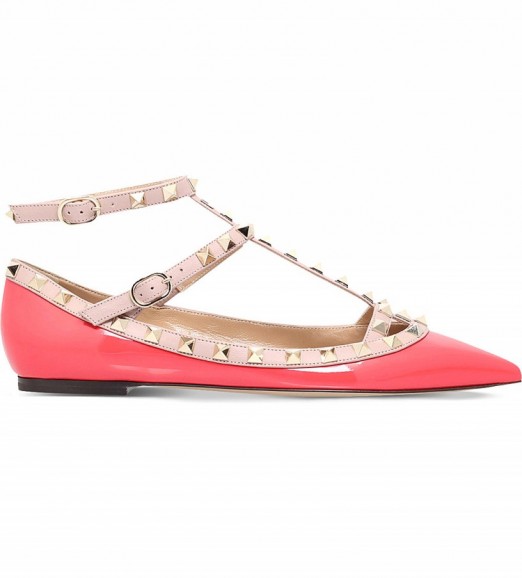 VALENTINO Rockstud patent-leather ballerina flats in Fushia. Pink studded flat shoes | designer footwear | chic accessories
