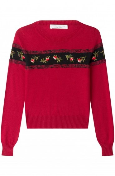 PHILOSOPHY DI LORENZO SERAFINI Virgin Wool Pullover with Embroidery. Red jumpers | designer knitwear | floral embroidered sweaters | womens pullovers | casual luxe | knitted fashion | autumn / winter style - flipped