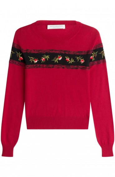 PHILOSOPHY DI LORENZO SERAFINI Virgin Wool Pullover with Embroidery. Red jumpers | designer knitwear | floral embroidered sweaters | womens pullovers | casual luxe | knitted fashion | autumn / winter style