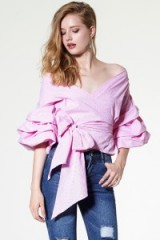 Storets Vivian Ruched Sleeve Top pink. Wrap style tops | feminine blouses | ruffle sleeves