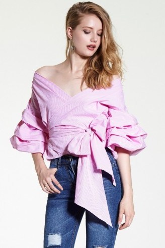 Storets Vivian Ruched Sleeve Top pink. Wrap style tops | feminine blouses | ruffle sleeves - flipped