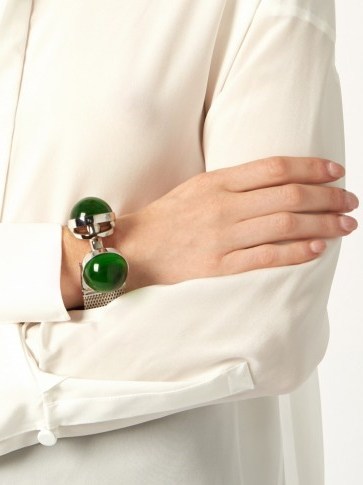 BALENCIAGA Watch-strap cuff ~ designer statement jewellery ~ large green stone bracelets ~ chic cuffs - flipped