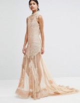 A Star Is Born Embellished Sheer Panel Maxi Dress nude ~ semi sheer gowns ~ long high neck evening dresses ~ special event wear ~ see-through fabric ~ embellished occasion fashion