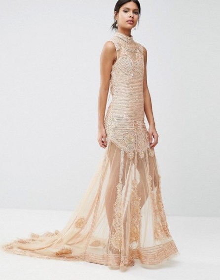 A Star Is Born Embellished Sheer Panel Maxi Dress nude ~ semi sheer gowns ~ long high neck evening dresses ~ special event wear ~ see-through fabric ~ embellished occasion fashion - flipped