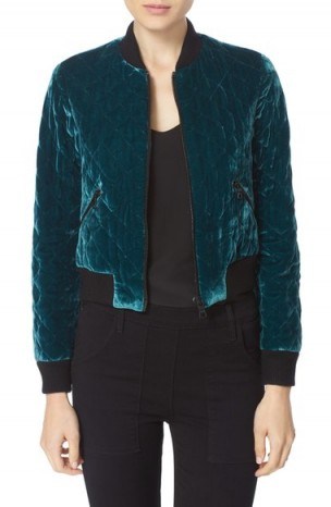 Alice + Olivia ‘Demia’ Quilted Velvet Crop Bomber Jacket dark turquoise. Sports luxe jackets | casual designer outerwear | autumn/winter fashion 2016-2017 | jewel tones | on trend clothing | trending now - flipped