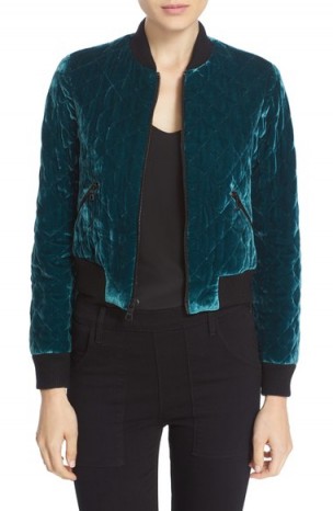 Alice + Olivia ‘Demia’ Quilted Velvet Crop Bomber Jacket dark turquoise. Sports luxe jackets | casual designer outerwear | autumn/winter fashion 2016-2017 | jewel tones | on trend clothing | trending now