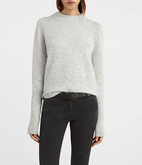 AllSaints Alpha grey crew neck jumper in mist marl. Womens quality round neckline jumpers | casual luxe | knitwear | knitted sweaters - flipped