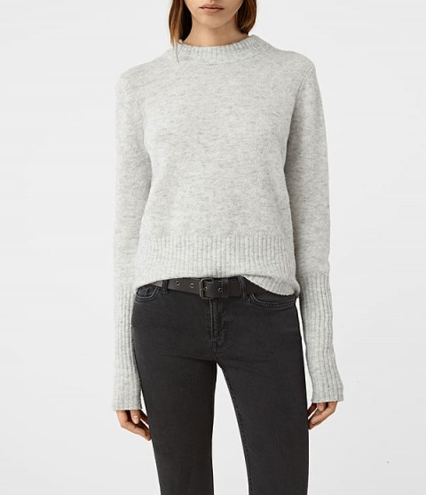 AllSaints Alpha grey crew neck jumper in mist marl. Womens quality round neckline jumpers | casual luxe | knitwear | knitted sweaters