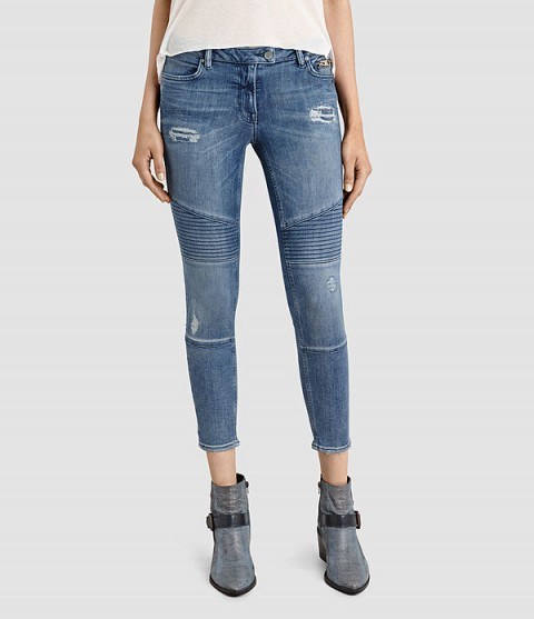 ALLSAINTS Biker Destroyed Cropped Jeans indigo blue – skinny moto jeans – cropped leg – distressed blue denim – on-trend fashion – casual Autumn clothing - flipped