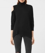 ALLSAINTS Cecily Jumper black – open/cold shoulder jumpers – chic knits – modern knitwear – Autumn/Winter fashion – turtle neck sweaters – asymmetric hemline – on trend knitted polo neck – draped style