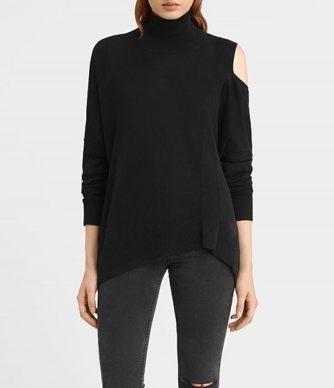 ALLSAINTS Cecily Jumper black – open/cold shoulder jumpers – chic knits – modern knitwear – Autumn/Winter fashion – turtle neck sweaters – asymmetric hemline – on trend knitted polo neck – draped style - flipped