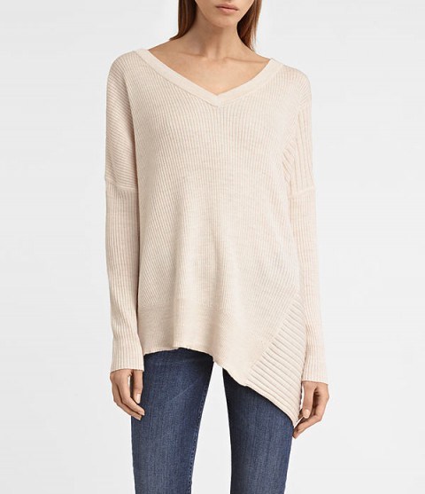 AllSaints Keld almond pink V-neck asymmetric hem jumper. Long sleeved jumpers | on trend knitwear | asymmetrical hemline sweaters - flipped