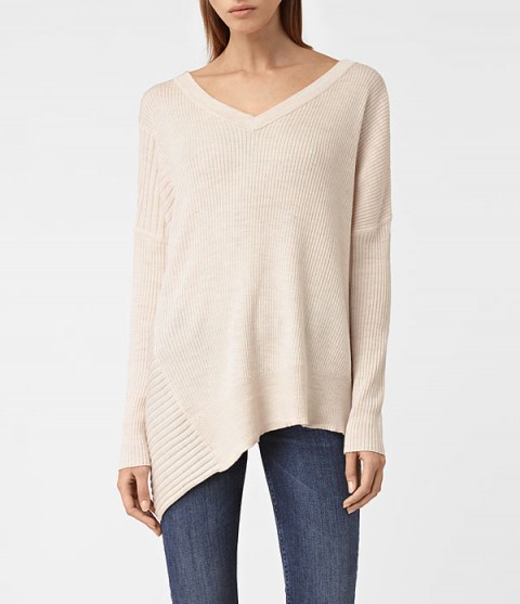 AllSaints Keld almond pink V-neck asymmetric hem jumper. Long sleeved jumpers | on trend knitwear | asymmetrical hemline sweaters