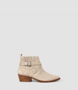 ALLSAINTS Quentin Boot sand – Low chunky heeled boots – Autumn footwear – Western/Texan style – suede/leather accessories – Winter shoes – buckle up strap design