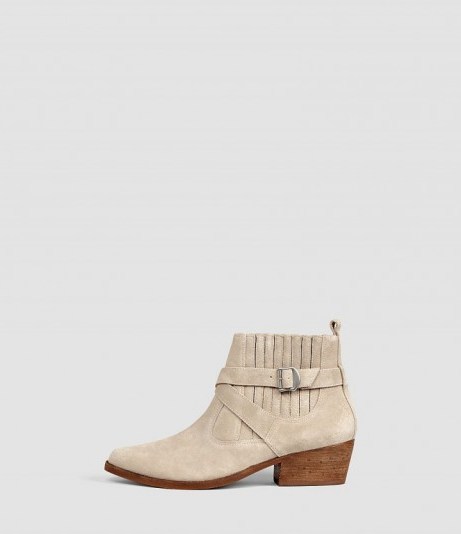 ALLSAINTS Quentin Boot sand – Low chunky heeled boots – Autumn footwear – Western/Texan style – suede/leather accessories – Winter shoes – buckle up strap design - flipped