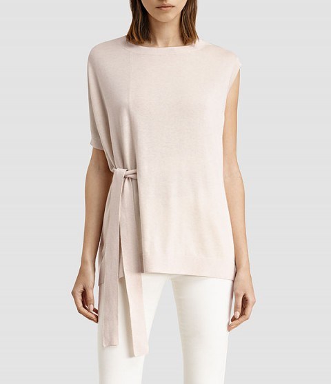 ALLSAINTS Shera Top almond pink marl – chic knitwear – Autumn tops – side tie belted knits – knitted fashion – luxe style clothing – deconstructed sleeves - flipped