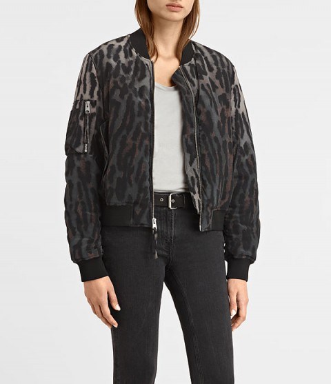 AllSaints Sinai grey silk leopard print bomber jacket. Womens casual jackets | autumn outerwear | on trend fashion | animal prints - flipped