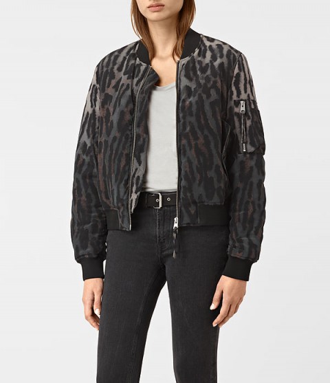 AllSaints Sinai grey silk leopard print bomber jacket. Womens casual jackets | autumn outerwear | on trend fashion | animal prints