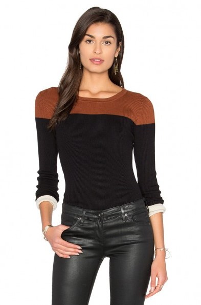525 AMERICA ~ Color Block Sweater in black combo. Brown and black fitted sweaters | Autumn/Winter tops | ribbed jumpers | womens knitwear - flipped