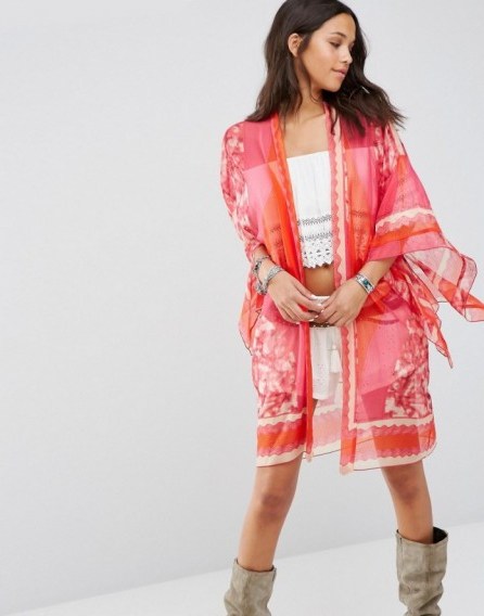 Anna Sui Exclusive Kimono magenta. Pink printed kimonos | semi sheer silk wraps | wrap style jackets | floaty outerwear | luxe style fashion - flipped