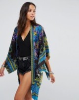 Anna Sui Exclusive Azure-Blue Printed Silk Kimono. Oriental style wraps | lightweight floaty jackets | on trend fashion | loose fit | wide cropped sleeves