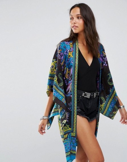 Anna Sui Exclusive Azure-Blue Printed Silk Kimono. Oriental style wraps | lightweight floaty jackets | on trend fashion | loose fit | wide cropped sleeves - flipped