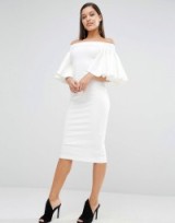 AQAQ Rising Bardot Frill Sleeve Midi Dress cream ~ off the shoulder dresses ~ on-trend fashion ~ frilled sleeves ~ ruffled ~ ruffle detail ~ fitted style clothing