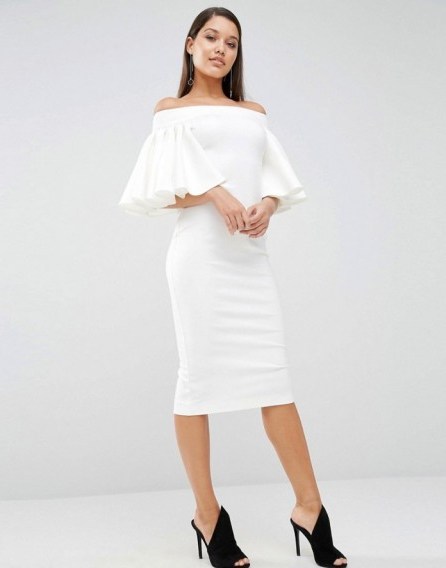 AQAQ Rising Bardot Frill Sleeve Midi Dress cream ~ off the shoulder dresses ~ on-trend fashion ~ frilled sleeves ~ ruffled ~ ruffle detail ~ fitted style clothing - flipped