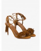 AQUAZZURA Suede Wild Thing Heeled Sandals – Rihanna style shoes – fringed designer high heels – tan tassels – tasseled accessories – brown suede footwear