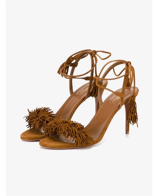 AQUAZZURA Suede Wild Thing Heeled Sandals – Rihanna style shoes – fringed designer high heels – tan tassels – tasseled accessories – brown suede footwear - flipped