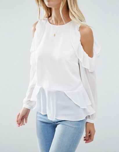 ASOS Ivory Blouse with Ruffle Cold Shoulder ~ round neck open shoulder tops ~ trending fashion ~ ruffled blouses ~ feminine ruffles - flipped
