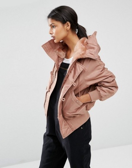 ASOS Bomber Jacket in Vintage MA1 Styling with Faux Fur Hood in mink. Casual jackets | Autumn/Winter outerwear | on-trend fashion - flipped
